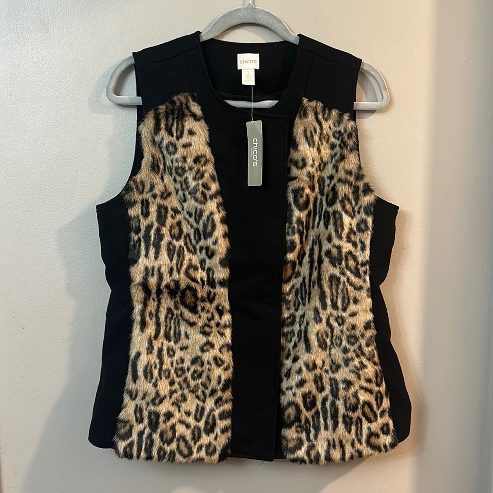 NWT Chico’s Animal Print Pieced Faux Fur Vest